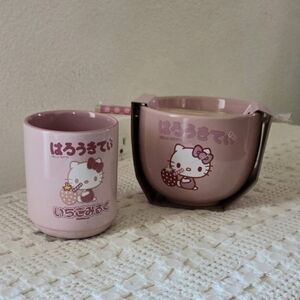 Sanrio Hello Kitty Ramen Bowl And Teacup Ceramic Strawberry Milk Design Set